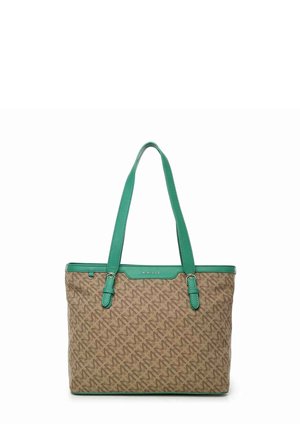 Borsa a tracolla marrone con un motivo a monogramma ripetuto, con manici e rifiniture in pelle verde, e una forma rettangolare.