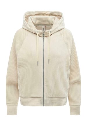 Hellbeiger, gerippter Kapuzenpullover mit Reißverschluss, Kordelzug, langen Ärmeln und eng anliegenden Bündchen.