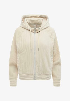 Hellbeiger, gerippter Kapuzenpullover mit Reißverschluss, Kordelzug, langen Ärmeln und eng anliegenden Bündchen.