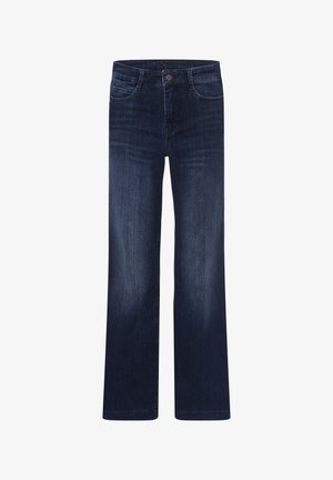 Dunkelblaue Jeans aus Denim mit geradem Bein, fünf Taschen und Knopfverschluss. Besitzt leichte Ausbleichungen an den Oberschenkeln für eine texturierte Optik.