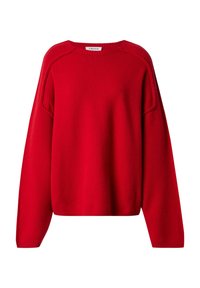 Roter Strickpullover mit Rundhalsausschnitt, fallenden Schultern und gerippten Bündchen. Glatte Textur und lockere Passform. Keine sichtbaren Muster oder Verzierungen.