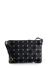 Black leather crossbody bag with metal studs, featuring a woven pattern and adjustable strap. Smooth texture with rectangular accents.