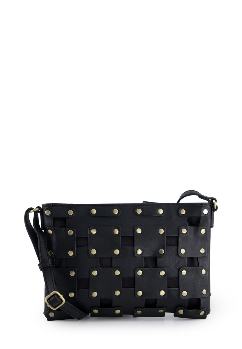 Black leather crossbody bag with metal studs, featuring a woven pattern and adjustable strap. Smooth texture with rectangular accents.