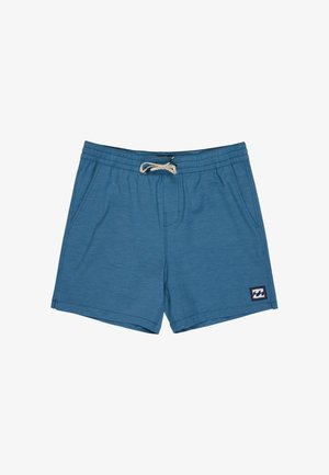 Shorts décontractés bleus avec taille élastique et cordon de serrage blanc, deux poches latérales, et une petite étiquette logo rectangulaire sur la jambe gauche.