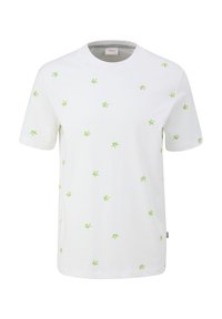 Biała koszulka z bawełny z rozsianymi haftami zielonych palm, z krótkimi rękawami i okrągłym dekoltem. Miękka tekstura z luźnym krojem.