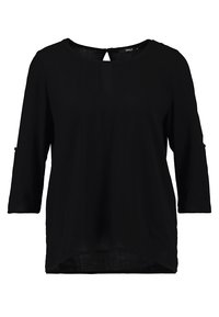 Svart långärmad blus med rund halsringning, knäppta ärmknappar och något rundad nederkant, visad på en vit bakgrund.