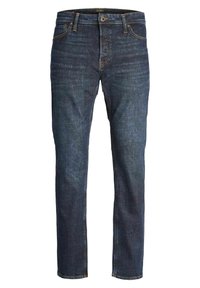 Vaqueros de mezclilla azul oscuro con un diseño de pierna recta, que cuentan con cinco bolsillos, un cierre de botón y costuras de contraste. Textura suave.