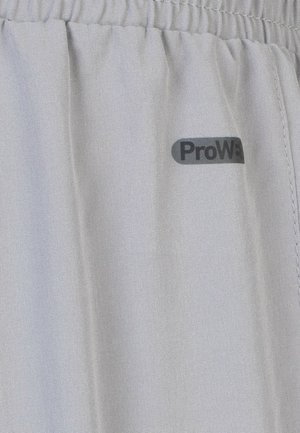 Grijze, lichte stoffen broek met een elastische tailleband. Heeft een zwart "ProW3" logo aan de zijkant. Gladde textuur en casual ontwerp.
