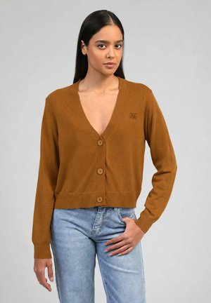 Femme aux longs cheveux foncés portant un cardigan marron boutonné et un jean bleu clair, debout devant un fond clair uni.