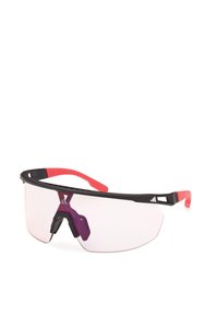 Sportsonnenbrille mit schwarzem Rahmen, pinken Gummiakzenten und transparenten Gläsern, ausgestattet mit einem lila Nasenpolster und einem eleganten Design.