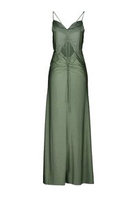 Długa, dopasowana sukienka w oliwkowym kolorze o błyszczącej fakturze, z cienkimi ramiączkami, głębokim dekoltem w kształcie litery V oraz marszczeniami w talii.