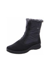 Bottine noire avec un doux bord en fausse fourrure, fermeture éclair, et un mélange de tissu lisse et de suède. Semelle rembourrée pour le confort.