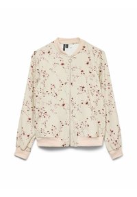 Veste beige clair à fermeture éclair avec motif floral rose et marron, poignets et ourlet côtelés, et tirette de fermeture éclair ronde.
