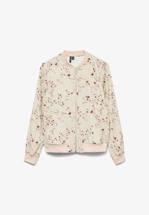 Veste beige clair à fermeture éclair avec motif floral rose et marron, poignets et ourlet côtelés, et tirette de fermeture éclair ronde.