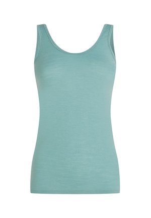 Débardeur sans manches bleu clair avec encolure arrondie et silhouette ajustée, présenté sur un fond blanc.