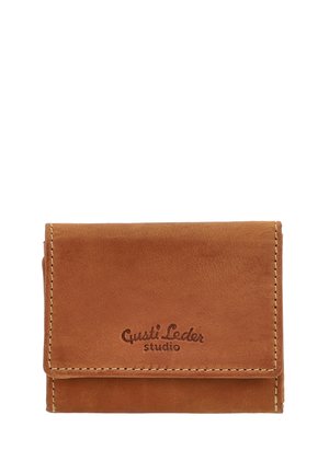 Compact brown leather wallet with visible stitching and "Gusti Leder studio" logo embossed on the front flap.