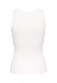 Haut sans manches blanc en maille côtelée avec un col rond et une taille cintrée, montré de dos sur un fond uni.