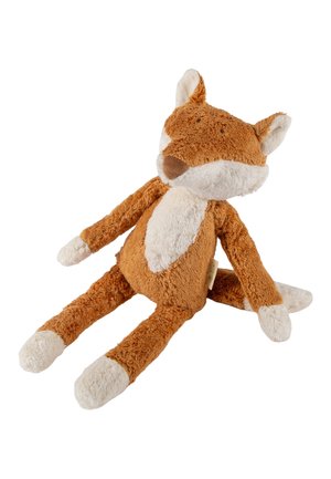 Brown and white plush fox toy with long limbs and a soft, textured surface sitting upright against a white background.