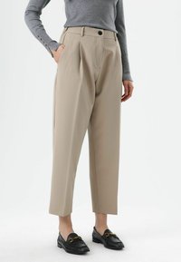 Beige tailored trousers with a high waist, two front pleats, side pockets, and a black button. Paired with black loafers.