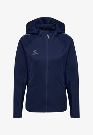 Marinblå zip-up hoodie i släta tyger, med en logotyp, sidofickor med dragkedja och kontrasterande textur på ärmarna.