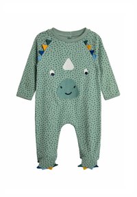 Tutina verde a pois con un design di dinosauro, caratterizzata da accenti blu, arancione e giallo sulle spalle e sui polsini. Tessuto morbido.