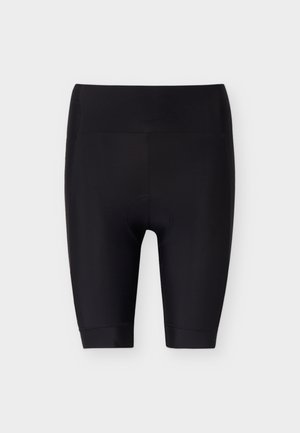 Črne kolesarske kratke hlače do kolen z oblazinjenim mednožjem in širokim pasom, zasnovane za udobje in zmogljivost.