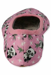 Rosa Stoff-Schlupfschuhe mit Panda-Mustern und Bambusmotiven, ausgestattet mit einer runden Zehenpartie, elastischem Einstieg und Stern-Akzenten.