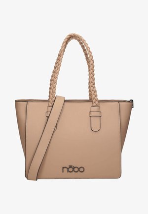 Beige synthetische Tragetasche mit geflochtenen Griffen, verstellbarem Schultergurt und Logodetail am Boden, mit glatter Textur und strukturierter Form.