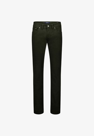 Donkergroene katoenen broek met een slanke pasvorm, vijf zakken, een metalen knoop en een lichte stretch voor comfort. Strak ontwerp zonder zichtbare patronen.