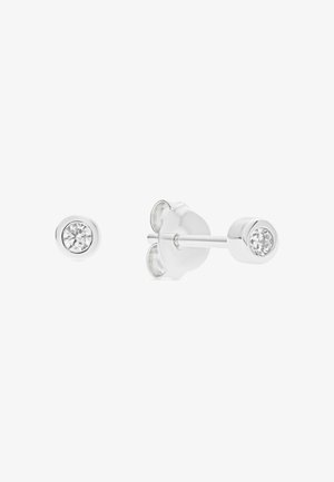 Silver stud earrings with round clear crystal center, featuring a polished metal finish and secure backing. Minimalist design with simple elegance.