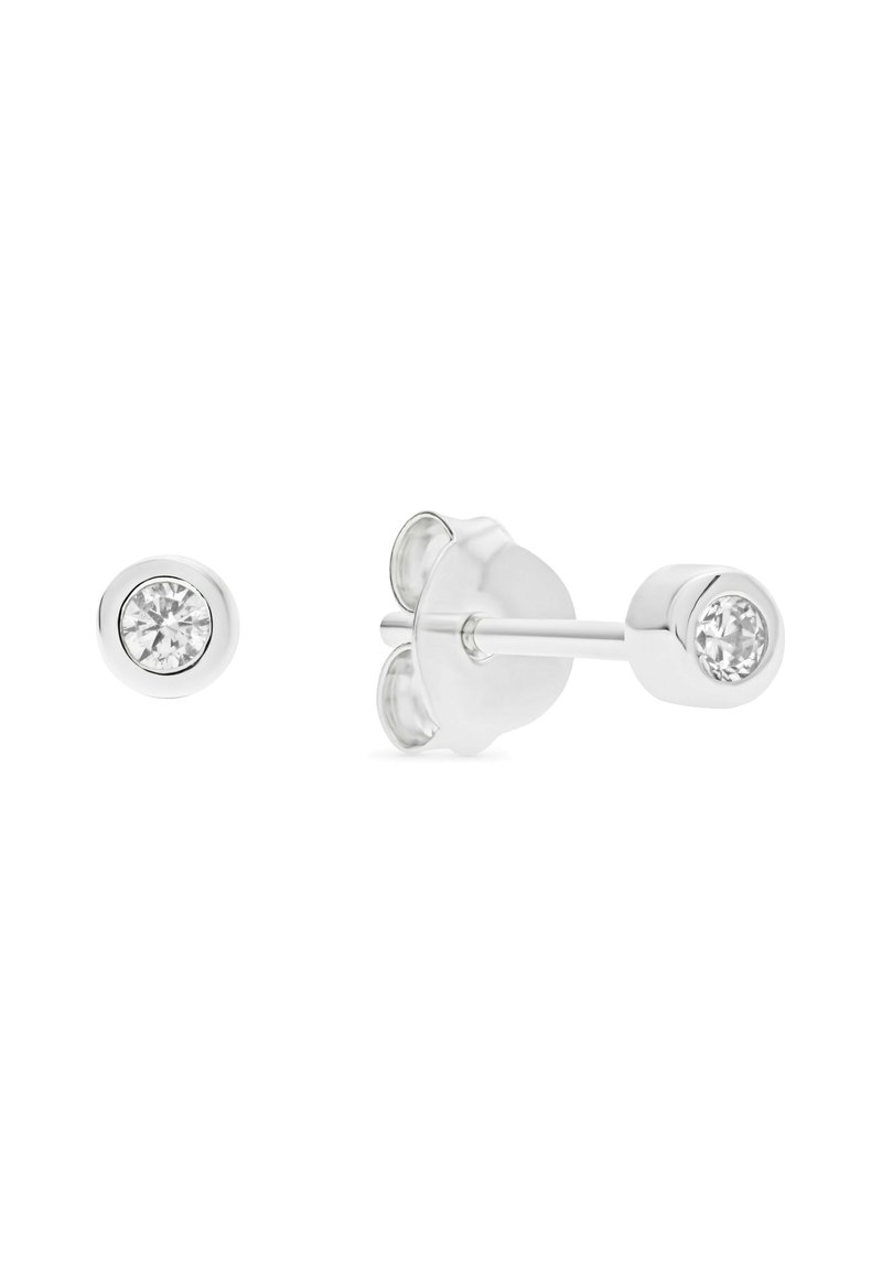 Silver stud earrings with round clear crystal center, featuring a polished metal finish and secure backing. Minimalist design with simple elegance.
