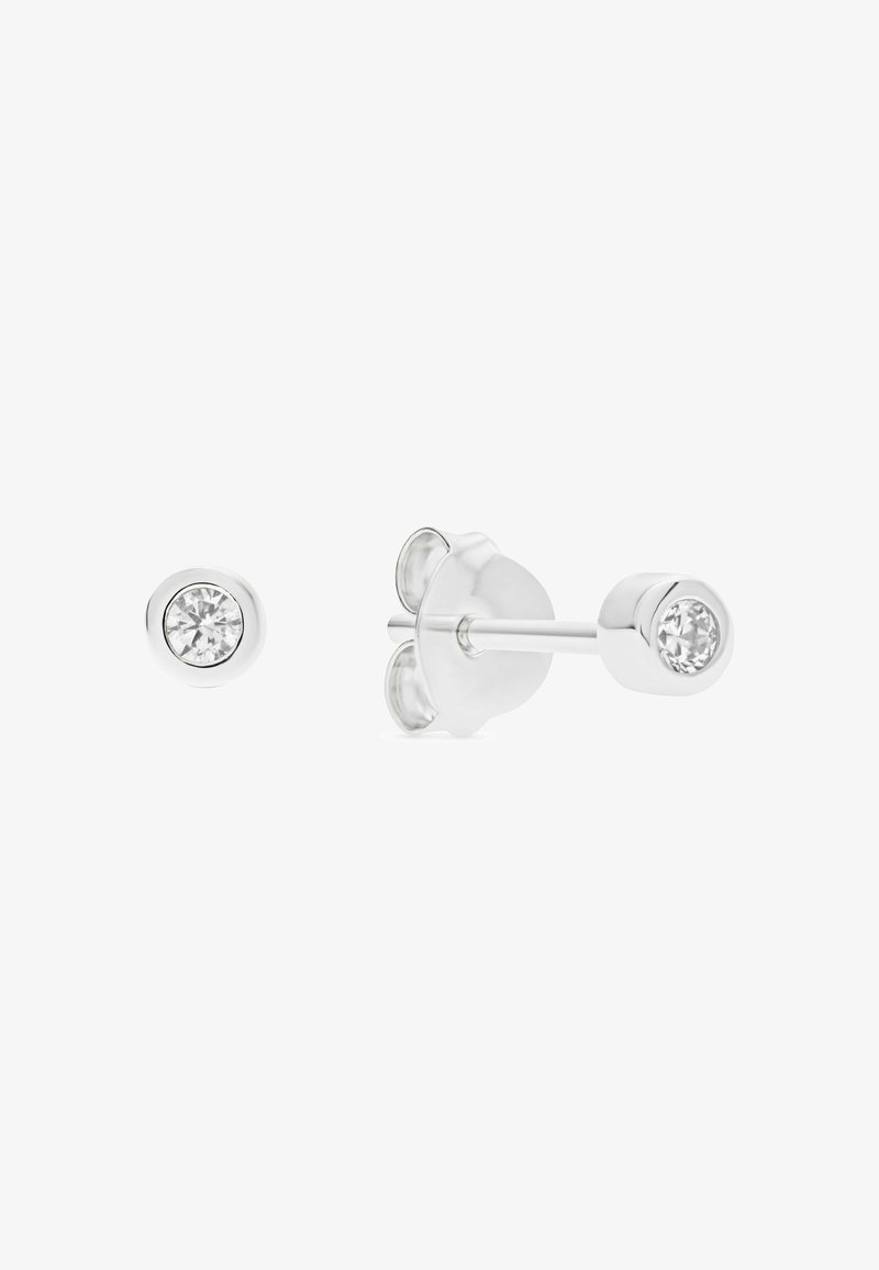 Silver stud earrings with round clear crystal center, featuring a polished metal finish and secure backing. Minimalist design with simple elegance.