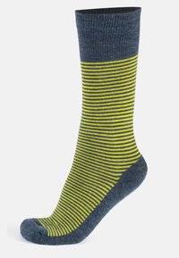 Calcetín a rayas con puño y punta gris, con rayas alternas en amarillo y azul marino a lo largo del cuerpo. Fabricado con material textil suave.