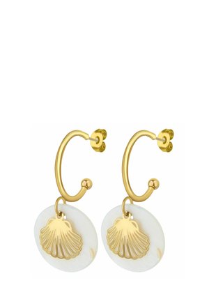 Gold hoop earrings featuring white circular accents, each with a gold shell motif pendant hanging below. Smooth texture and shiny finish.