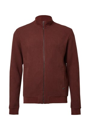 Bordeauxroter Sweatshirt mit Reißverschluss, hohem Kragen, strukturiertem geometrischem Muster sowie gerippten Bündchen und Saum. Hergestellt aus Strickstoff.