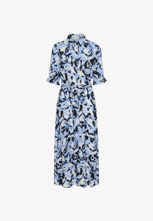 Maxi obleka iz svetlo modrega blaga z abstraktnimi črnimi in belimi vzorci. Ima ovratnik, gumbe spredaj in pas, ki se lahko zveže. Kratki rokavi.