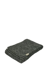 Dark gray knitted wool scarf folded neatly with a small fabric label sewn on one edge against a white background.