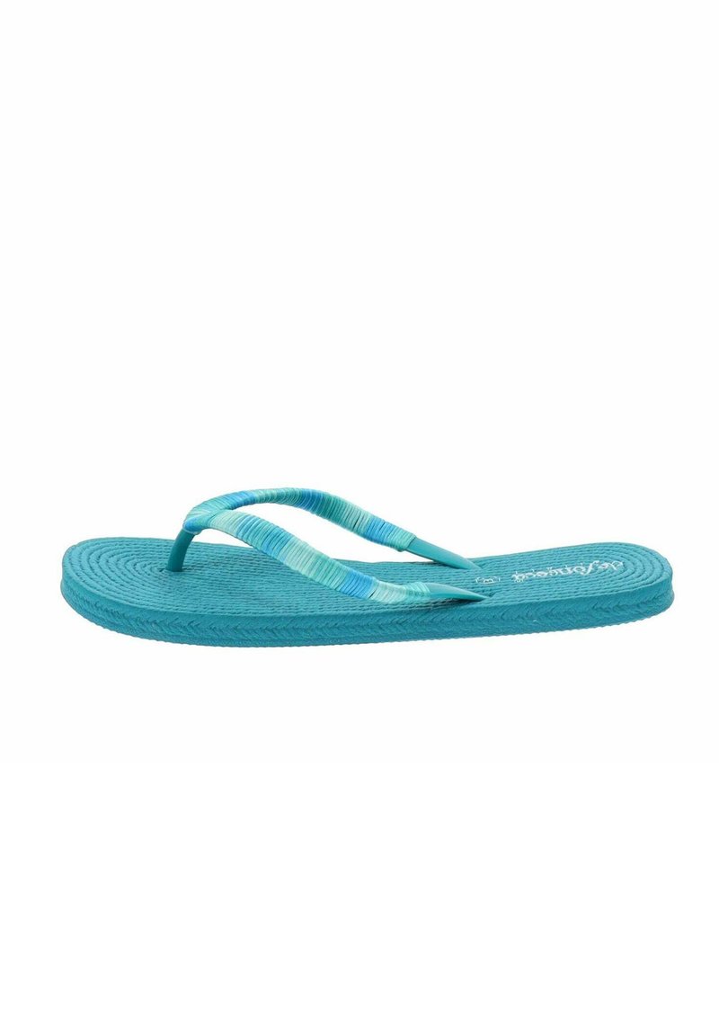 Chanclas en color azul petróleo con suela de goma texturizada, correas de dos tonos en azul claro y verde, con un logo en la plantilla.