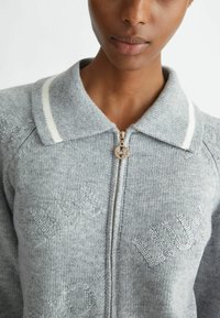 Maglione grigio lavorato a maglia con un design con colletto, caratterizzato da strisce bianche, una cerniera argentata e decorazioni in cristallo sul tessuto.