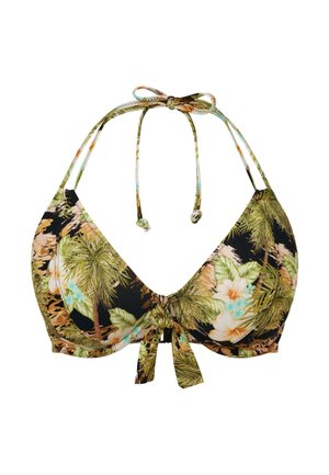Haut de bikini avec une base noire et un imprimé floral tropical en verts, pêche et blanc, noué au centre avec des fines bretelles.