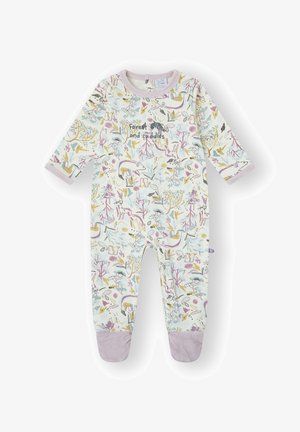 Body de bebé de manga larga en tela suave, con un estampado multicolor de bosque con animales y plantas. Ribete lavanda en mangas y pies.