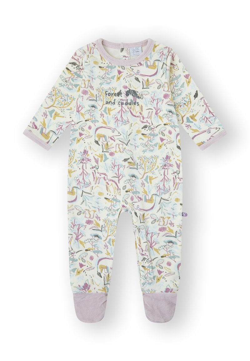 Body de bebé de manga larga en tela suave, con un estampado multicolor de bosque con animales y plantas. Ribete lavanda en mangas y pies.