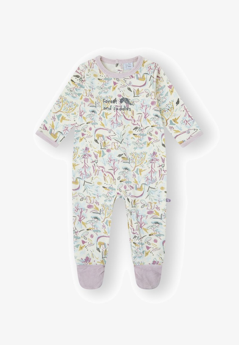 Body de bebé de manga larga en tela suave, con un estampado multicolor de bosque con animales y plantas. Ribete lavanda en mangas y pies.