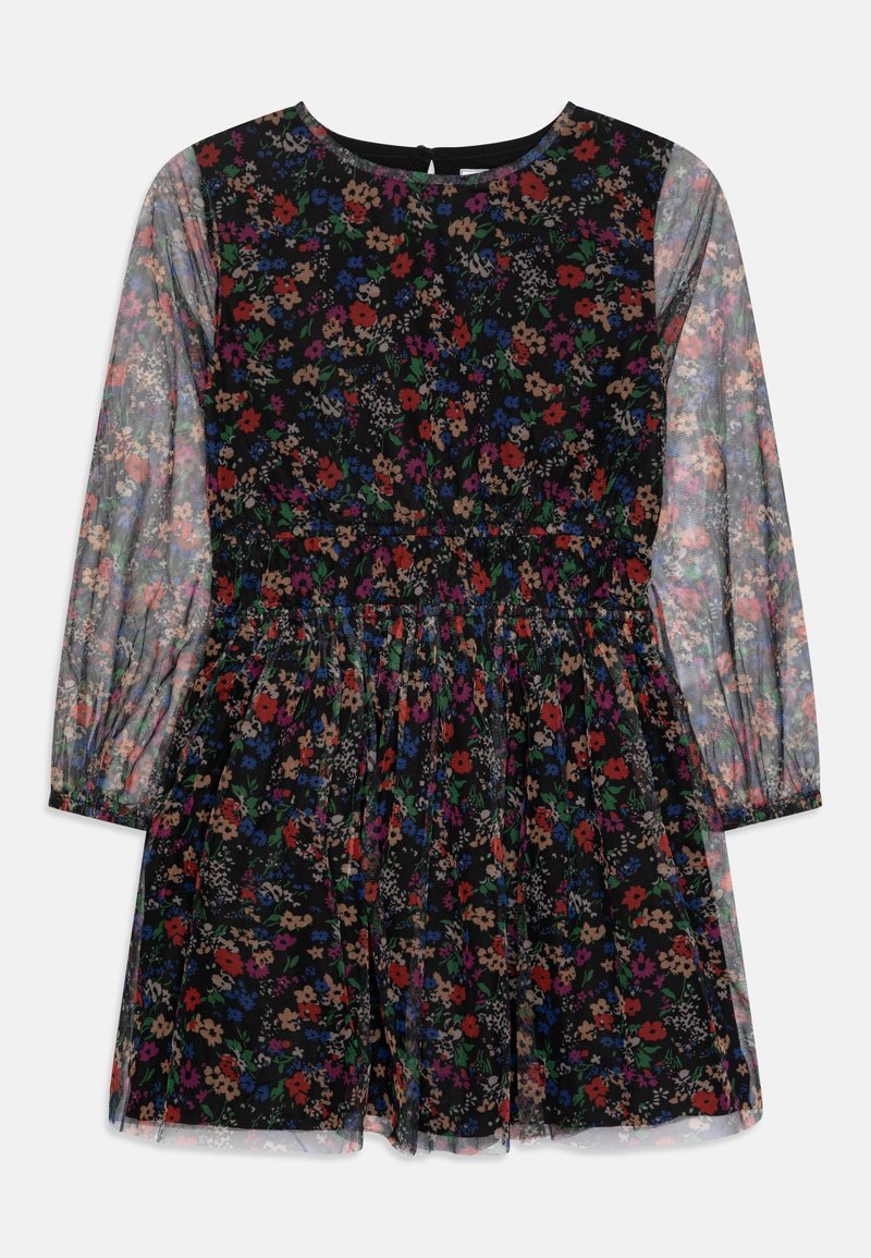 Robe noire à fleurs avec manches longues en voile, taille froncée, et petites fleurs colorées en rouge, violet, bleu et beige.