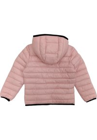 Helle rosa Daunenjacke mit Kapuze, mit gestepptem Textur, schwarzen Akzenten an den Bündchen und dem Saum sowie einem entspannten Schnitt.