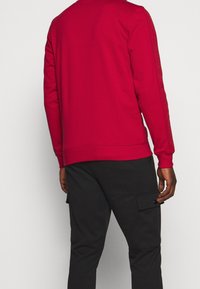 Sudadera roja de manga larga, con puños y dobladillo acanalados; presenta un detalle de logo texturizado a lo largo de la manga. Combinada con pantalones cargo negros.