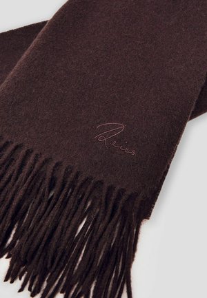 Fular din lână maro cu margini ciufulite și o textură subtilă, având un detaliu logo brodat într-o nuanță mai deschisă.