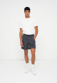 Men's gray shorts with a drawstring waistband, side white stripes, and logo detail. Paired with a plain white crew neck t-shirt.