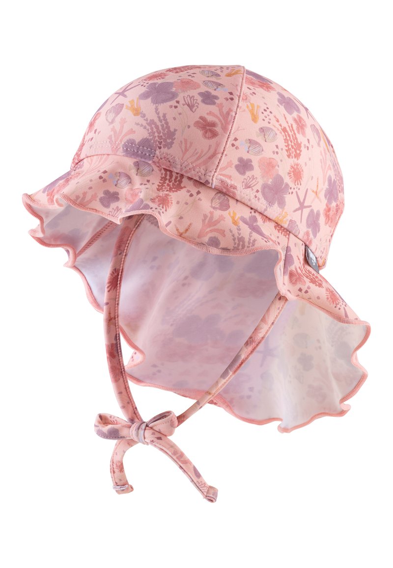 Pink sun hat with floral pattern, ruffled brim, and chin straps. Made of soft, lightweight material, designed for sun protection.