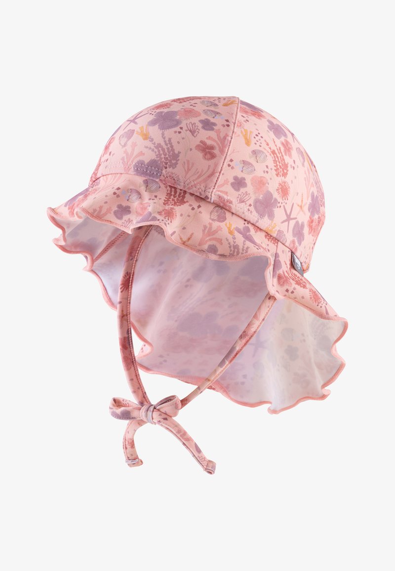 Pink sun hat with floral pattern, ruffled brim, and chin straps. Made of soft, lightweight material, designed for sun protection.